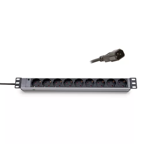 KELINE 620S09U 19"" 1U 9x250V Schuko aljzat C14 csatlakozóval 2,3m kontrol LED-es elosztósor