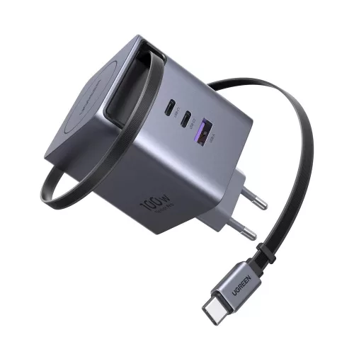 UGREEN 100W 2xUSB-C GaN gyorstöltő behúzható kábellel X616