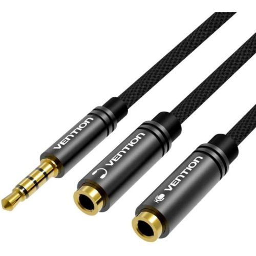 Vention 3.5mm jack/M -> 2*3.5mm jack/F,  (szövet, stereo splitter, fekete), 0,3m, kábel