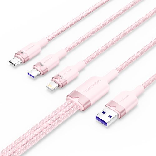Vention USB-A 2.0/M -> USB-C/Lightning/Micro USB-B, 1,5m,(pink,6A,3in1), kábel
