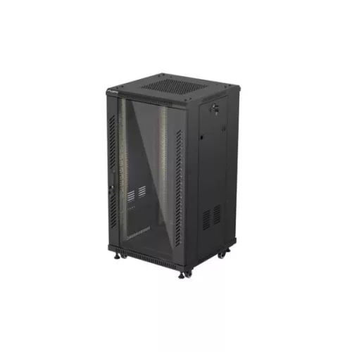 Lanberg FF01-6622-12B 19 22U SZÉL:600mm MÉLY:600mm MAG:1159mm lapraszerelt üvegajtós fekete álló rack szekrény