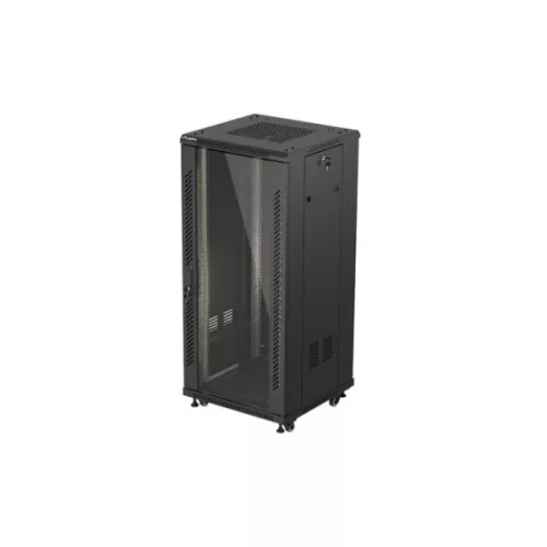 Lanberg FF01-6627-12B 19 27U SZÉL:600mm MÉLY:600mm MAG:1381mm lapraszerelt üvegajtós fekete álló rack szekrény