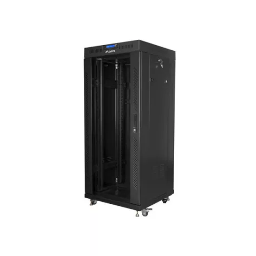 Lanberg FF01-6627-12BL 19 27U SZÉL:600mm MÉLY:600mm MAG:1431mm lapraszerelt LCD üvegajtós fekete álló rack szekrény