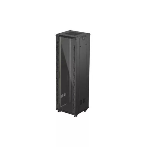 Lanberg FF01-6642-12B 19 42U SZÉL:600mm MÉLY:600mm MAG:2047mm lapraszerelt üvegajtós fekete álló rack szekrény