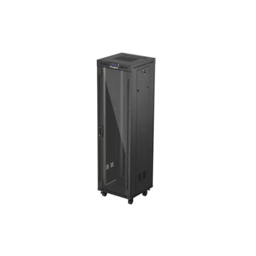 Lanberg FF01-6642-12BL 19 42U SZÉL:600mm MÉLY:600mm MAG:2097mm lapraszerelt LCD üvegajtós fekete álló rack szekrény