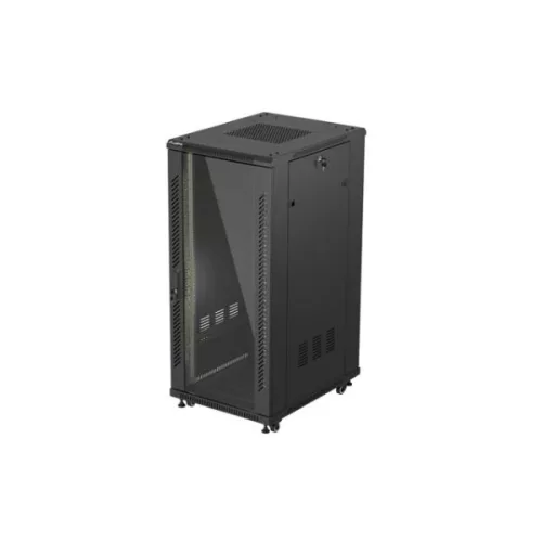 Lanberg FF01-6827-12B 19 27U SZÉL:600mm MÉLY:800mm MAG:1381mm lapraszerelt üvegajtós fekete álló rack szekrény