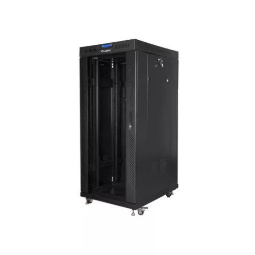 Lanberg FF01-6827-12BL 19 27U SZÉL:600mm MÉLY:800mm MAG:1431mm lapraszerelt LCD üvegajtós fekete álló rack szekrény