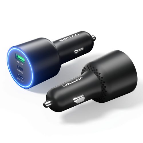 Vention USB-A+C*2 (3port,100/30/18W, fekete,szivargyújtós), töltő