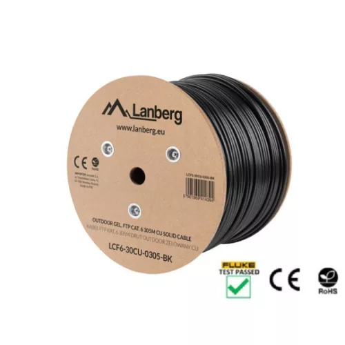 Lanberg LCF6-30CU-0305-BK Cat.6 F/UTP PE+PVC Fca 250MHz AWG23 305m árnyékolt zselés fekete kültéri kábel