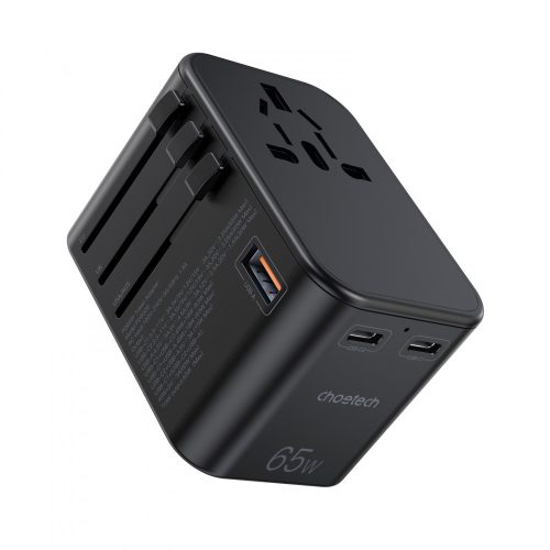 Choetech USB-C*2+A (65W, fekete, travel, US,UK,EU,AU), töltő