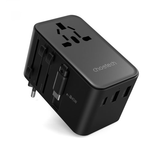 Choetech USB-C*2+USB-A*2 (45W,fekete,travel,USB-C kábellel, US,UK,EU,AU), töltő