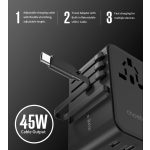 Choetech USB-C*2+USB-A*2 (45W,fekete,travel,USB-C kábellel, US,UK,EU,AU), töltő