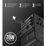 Choetech USB-C*2+USB-A*2 (70W,fekete,travel,USB-C kábellel, US,UK,EU,AU), töltő
