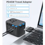 Choetech USB-C*2+A*2 (45W, fekete, travel, US,UK,EU,AU), töltő