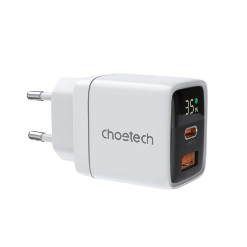 Choetech USB-C+USB-A (35W, fehér, LED, fali), töltő