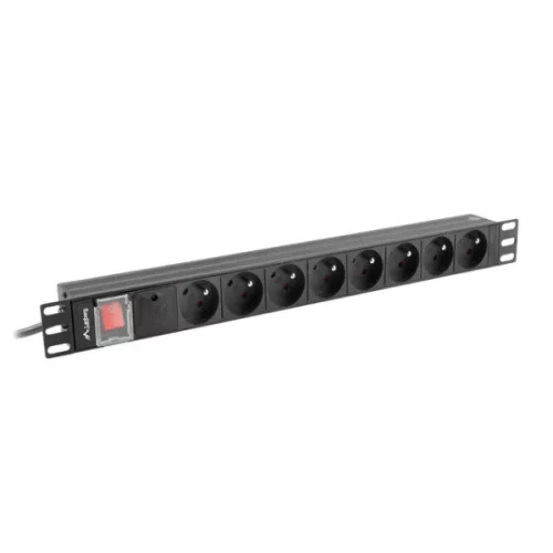 Lanberg PDU-08E-0200-BK 19 1U 8xSchuko francia aljzat Uni-Schuko csatlakozóvéggel 2m elosztósor kapcsolóval