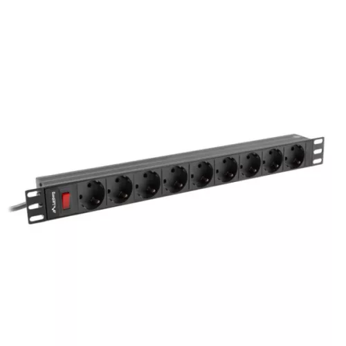 Lanberg PDU-09F-0300-BK 19 1U 9xSchuko aljzat Uni-Schuko csatlakozóvéggel 3m fekete elosztósor kapcsolóval