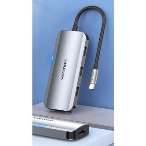 Vention USB-C -> HDMI/USB 3.0x3/PD (0,15m Szürke Aluminum Ötvözet), Dokkoló