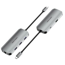   Vention USB-C -> HDMI/USB 3.0x3/RJ45/PD (0,15m Szürke Aluminum Ötvözet), Dokkoló