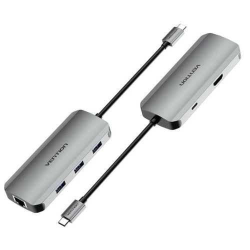 Vention USB-C -> HDMI/USB 3.0x3/RJ45/PD (0,15m Szürke Aluminum Ötvözet), Dokkoló