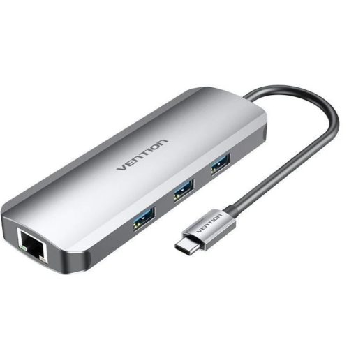 Vention USB-C -> HDMI/USB3.0x3/RJ45/SD/TF/PD (0,15m Szürke Aluminum Ötvözet), Dokkoló