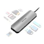 Vention USB-C -> HDMI/USB3.0x3/RJ45/SD/TF/TRRS 3.5mm/PD (0,15m Szürke Aluminum Ötvözet), Dokkoló