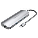 Vention USB-C -> HDMI/USB3.0x3/RJ45/SD/TF/TRRS 3.5mm/PD (0,15m Szürke Aluminum Ötvözet), Dokkoló
