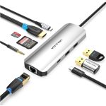 Vention USB-C -> HDMI/USB-C Gen 1/USB3.0x2/RJ45/SD/TF/TRRS 3.5mm/PD (0,15m Szürke Aluminum Ötvözet), Dokkoló