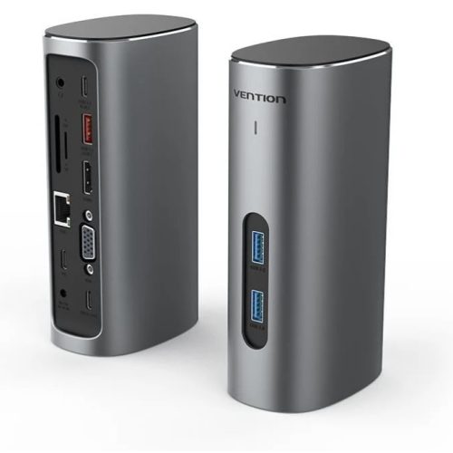 Vention USB-C -> HDMI/VGA/USB 3.1 Gen 2/USB 3.1 Gen 2-C/USB 3.0x2/RJ45/SD/TF/TRRS 3.5mm/PD/DC (álló kivitelű, szürke, aluminum ötvözetű ), Dokkoló