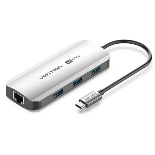 Vention USB-C -> HDMI/USB 3.0 x3/RJ45/PD (0,15m Szürke Aluminum Ötvözet) Dokkoló