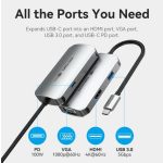 Vention USB-C -> HDMI/USB 3.0 x 3/RJ45/SD/TF/PD (0,15m Szürke Aluminum Ötvözet) Dokkoló