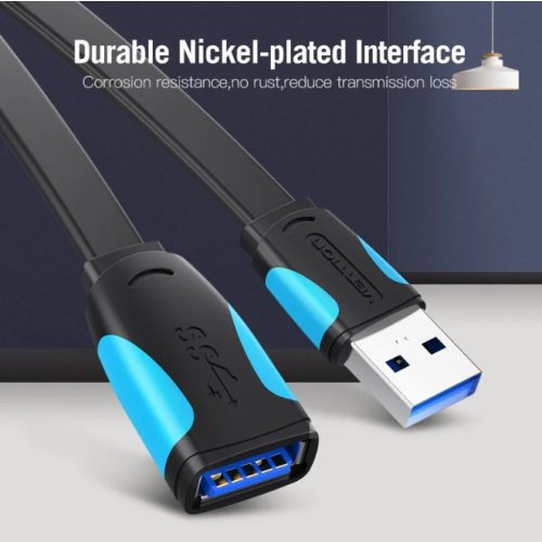 Vention USB 3.0,  (hosszabbító, lapos, fekete), 1,5m, kábel