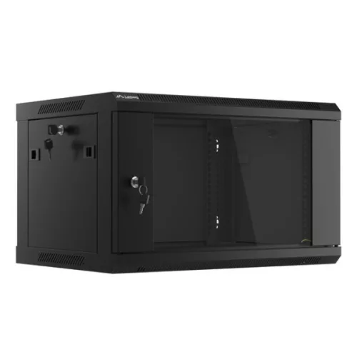 Lanberg WF01-6406-10B 19 6U SZÉL:600mm MÉLY:450mm MAG:379mm lapraszerelt üvegajtós fekete fali rack szekrény