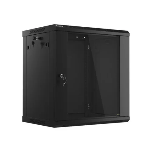 Lanberg WF01-6412-10B 19 12U SZÉL:600mm MÉLY:450mm MAG:640mm lapraszerelt üvegajtós fekete fali rack szekrény