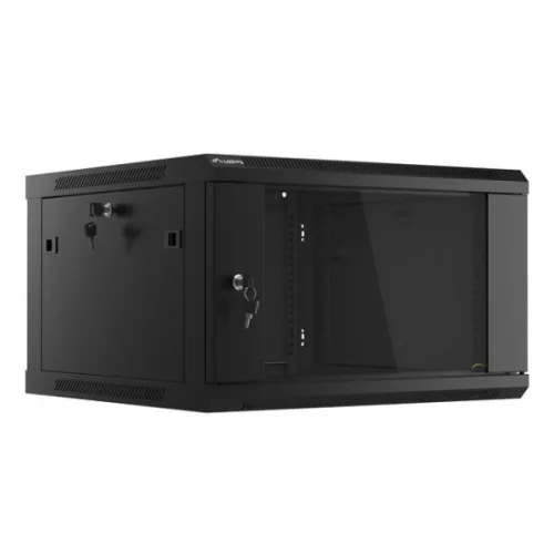Lanberg WF01-6606-10B 19" 6U SZÉL:600mm MÉLY:600mm MAG:379mm lapraszerelt üvegajtós fekete fali rack szekrény