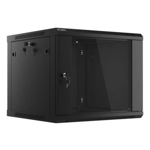 Lanberg WF01-6609-10B 19 9U SZÉL:600mm MÉLY:600mm MAG:512mm lapraszerelt üvegajtós fekete fali rack szekrény