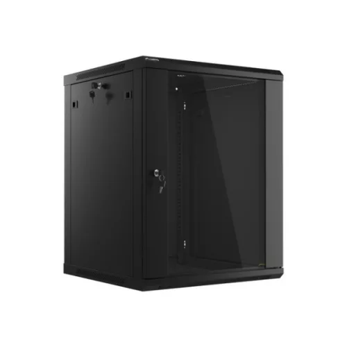 Lanberg WF01-6615-10B 19" 15U SZÉL:600mm MÉLY:600mm MAG:774mm lapraszerelt üvegajtós fekete fali rack szekrény