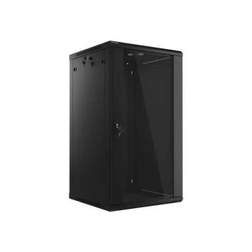 Lanberg WF01-6622-10B 19 22U SZÉL:600mm MÉLY:600mm MAG:1085mm lapraszerelt üvegajtós fekete fali rack szekrény