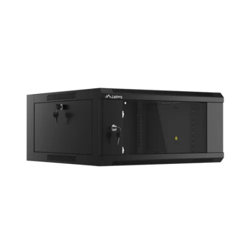 Lanberg WFFA-5604-10B 19 4U SZÉL:570mm MÉLY:600mm MAG:277mm lapraszerelt üvegajtós fekete fali rack szekrény
