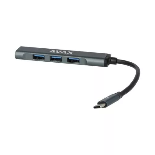 USB-C elosztó-HUB, 4 port, USB 3.0, AVAX "HB601", fekete