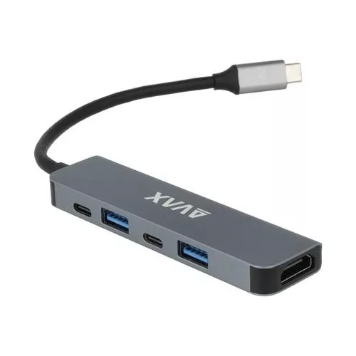 USB-C elosztó-HUB, HDMI+USB-C+2xUSB 3.0, PD, AVAX "HB611 Connect+", fekete