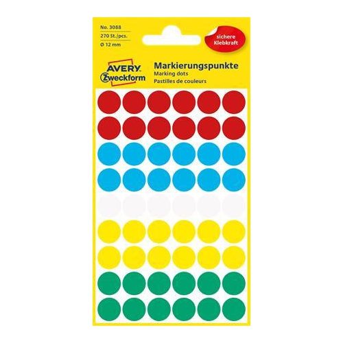 Etikett, 12 mm, kör, AVERY ZWECKFORM, 5 különböző szín, 270 etikett/csomag