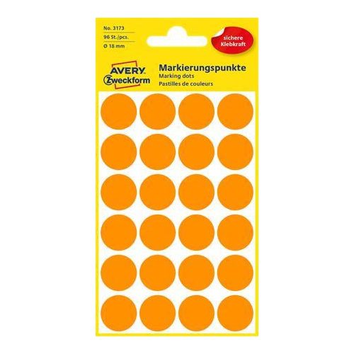 Etikett, 18 mm, kör, AVERY ZWECKFORM, neon narancs, 96 etikett/csomag
