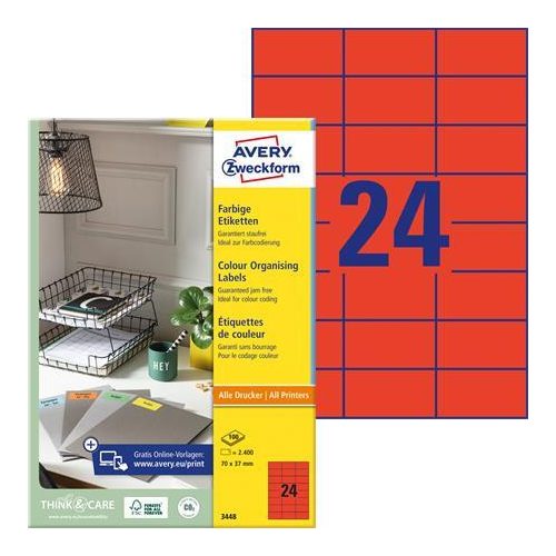 Etikett, 70x37 mm, színes, AVERY ZWECKFORM, piros, 2400 etikett/csomag
