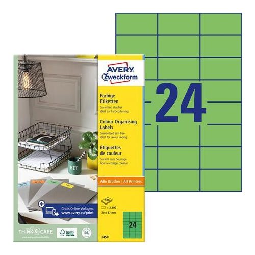Etikett, 70x37 mm, színes, AVERY ZWECKFORM, zöld, 2400 etikett/csomag