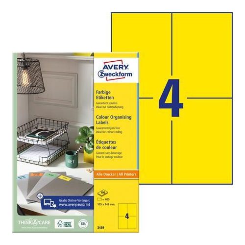 Etikett, 105x148 mm, színes, AVERY ZWECKFORM, sárga, 400 etikett/csomag