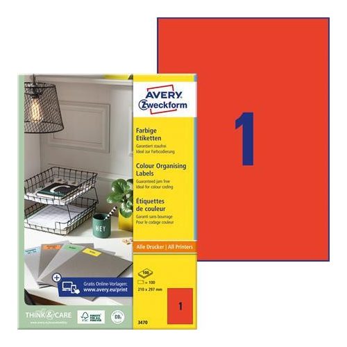 Etikett, 210x297 mm, színes, AVERY ZWECKFORM, piros, 100 etikett/csomag