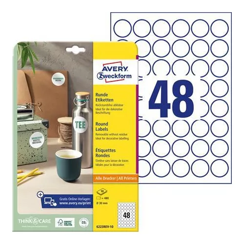 Etikett, 30 mm, kör, eltávolítható, AVERY ZWECKFORM, 480 etikett/csomag
