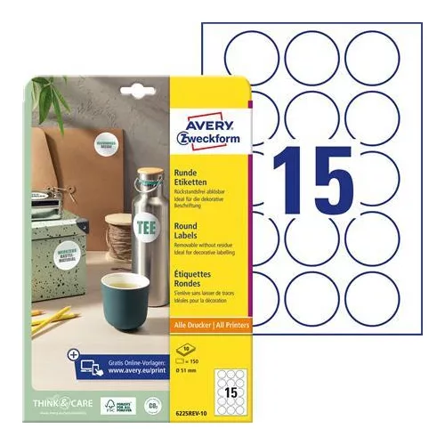Etikett, 51 mm, kör, eltávolítható, AVERY ZWECKFORM, 150 etikett/csomag