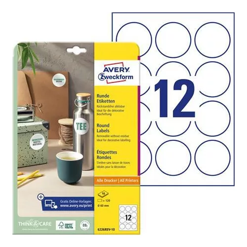 Etikett, 60 mm, kör, eltávolítható, AVERY ZWECKFORM, 120 etikett/csomag